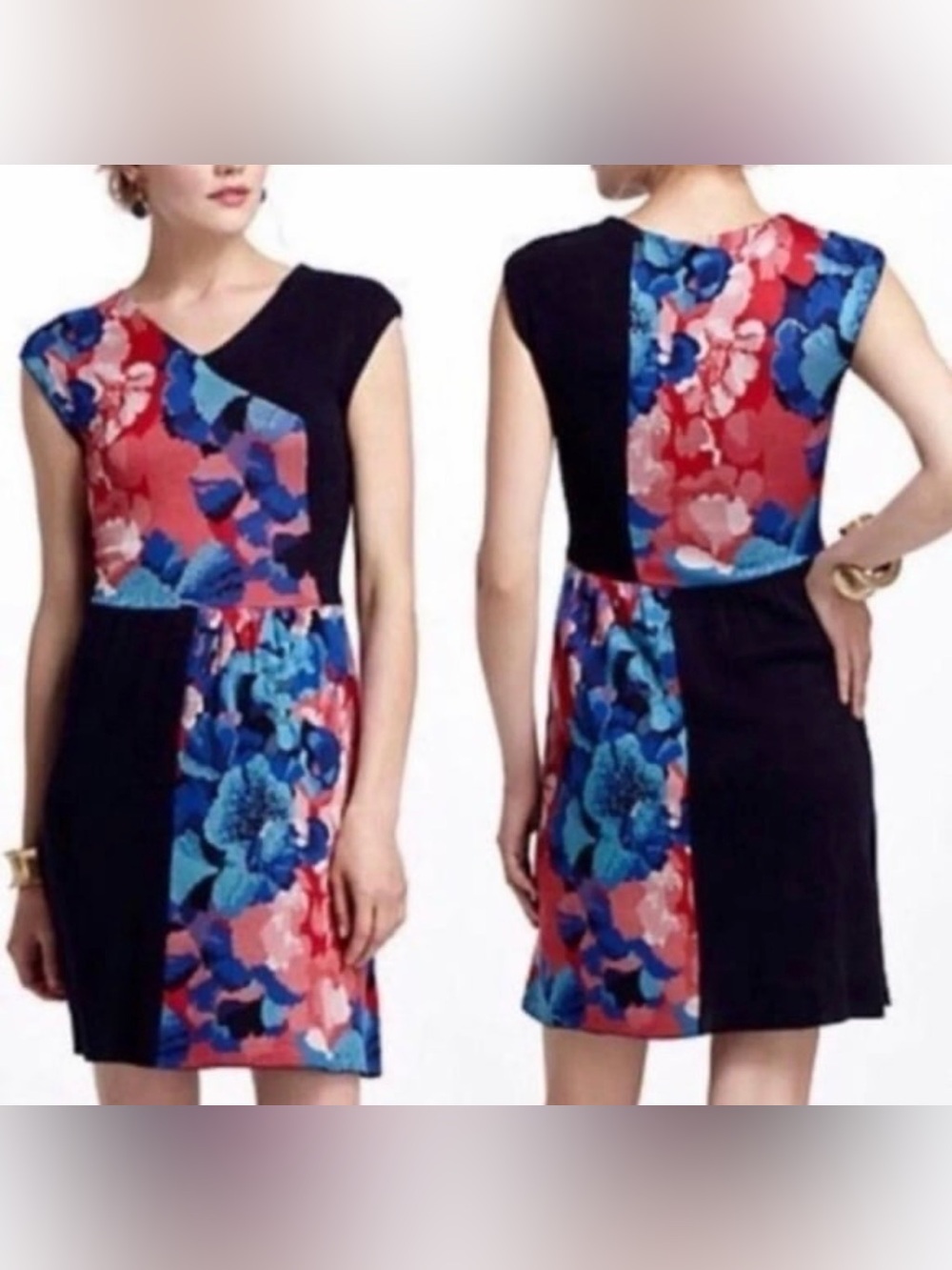 Anthropologie leifsdottir Black Dress with Blue & Red Floral Panels